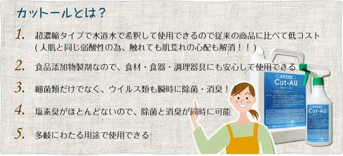 カットールとは？ 1.超濃縮タイプで水道水で希釈して使用できるので従来の商品に比べて低コスト(人肌と同じ弱酸性の為、触れても肌荒れの心配も解消！！)　2.食品添加物製剤なので、食材・食器・調理器具にも安心して使用できる　3.細菌類だけでなく、ウイルス類も瞬時に除菌・消臭！！　4.塩素臭がほとんどないので、除菌と消臭が同時に可能　5.多岐にわたる用途で使用できる